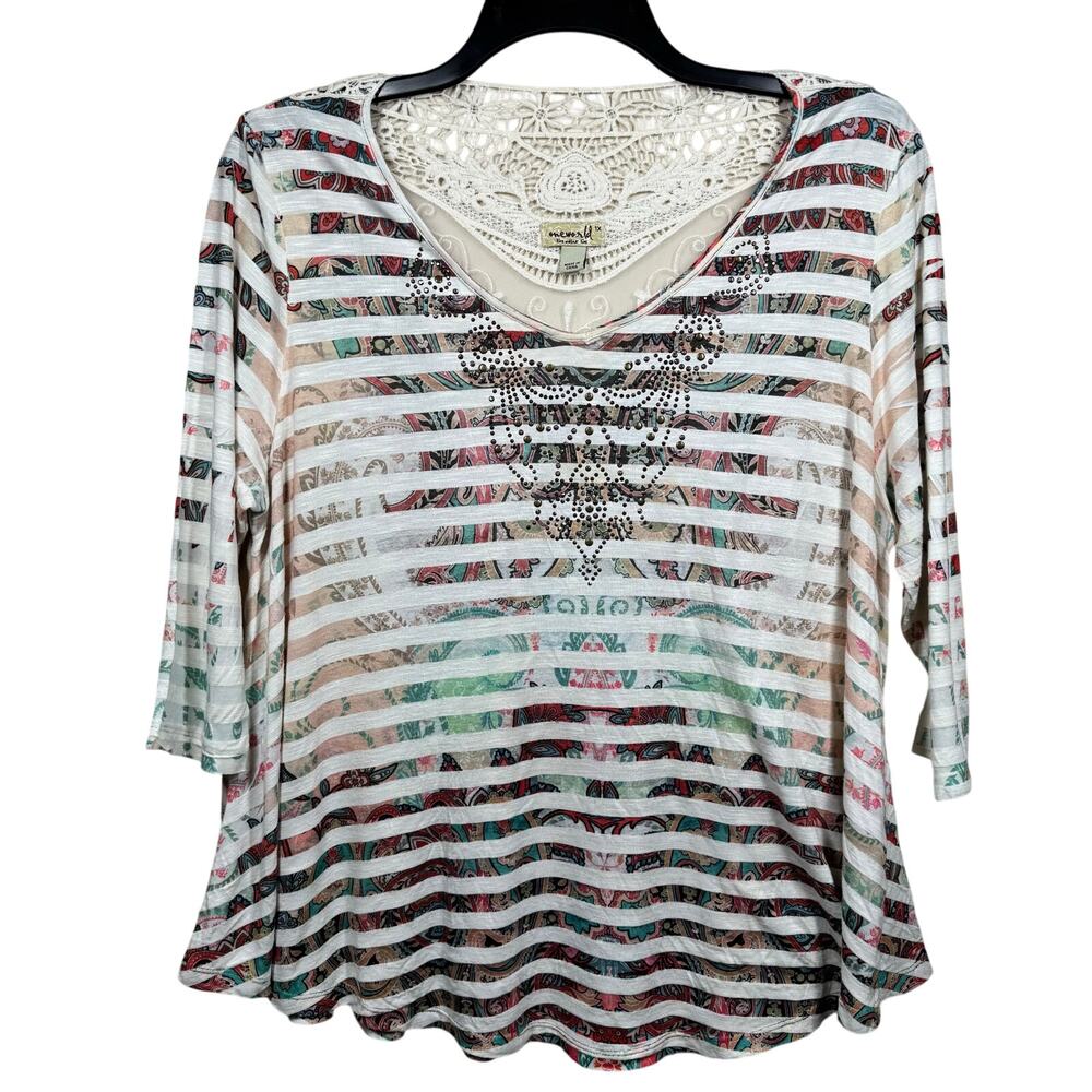 One World Top Women’s 1X Multicolor Stripe‎ Embellished Boho Crochet Back Tunic